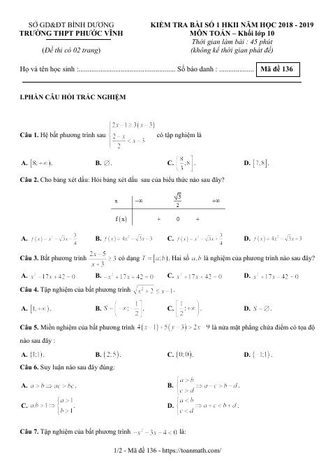 Bài kiểm tra số 1 HK2 Toán 10 năm 2018 – 2019 trường Phước Vĩnh – Bình Dương (bản Word)